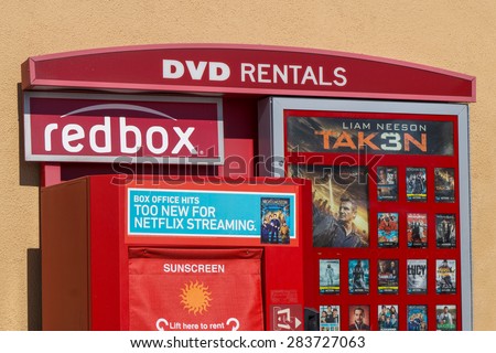 SANTA CLARITA, CA/USA - MAY 31, 2015: Redbox DVD rental machine. Redbox specializes in DVD, Blu-ray, and video game rentals via automated retail kiosks.