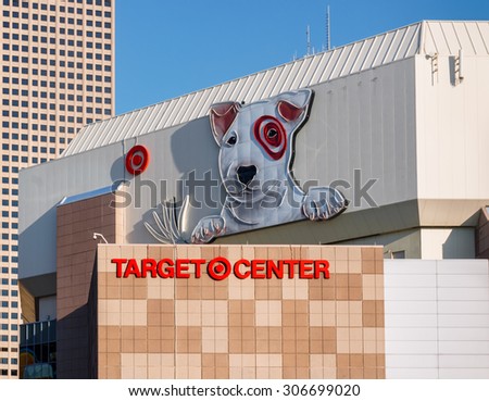 MINNEAPOLIS, MN/USA - AUGUST 11, 2015: Target Center exterior and logo. Target Center is a multi-purpose arena and home of the Minnesota Timberwolves.