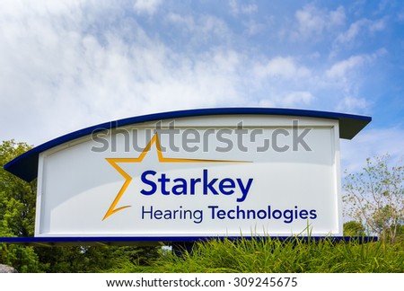 EDEN PRAIRIE, MN/USA - August 13, 2015: Starkey Hearing Technologies headquarters and Sign. Starkey Hearing Solutions is a global manufacturer of hearing aid devices.
