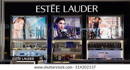 LOS ANGELES, CA/USA - AUGUST 4, 2015: Estee Lauder store display. Estee Lauder is an American manufacturer and marketer of high-end skincare, makeup, fragrance and hair care products.