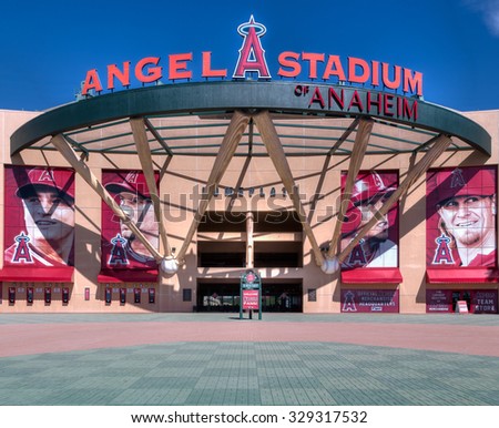 ANAHEIM, CA/USA - OCTOBER 10, 2015: Angel Stadium of Anaheim entrance. Angel Stadium is the home ballpark to Major League Baseball\'s Los Angeles Angels.