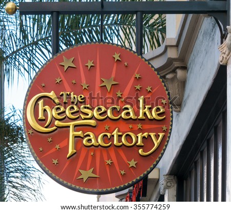 PASADENA, CA/USA - OCTOBER 4, 2015: Cheesecake Factory sign. The Cheesecake Factory, Inc. is a distributor of cheesecakes and restaurant company.