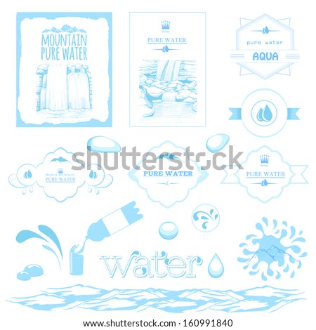 water labels, drops, splash, mountain and waterfall landscape