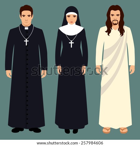 priest, nun and jesus christ, catholic religion illustration