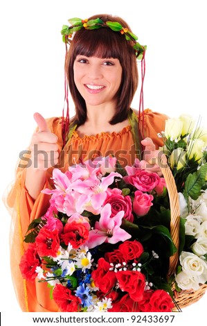 Portrait - Young beautiful woman dressed in fancy dress as a goddess of nature