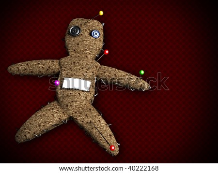 3d voodoo doll with several pins on it and a blank space to write down a name on it