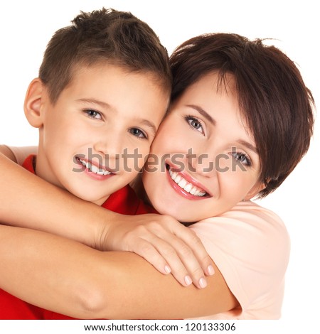 Portrait of a happy young mother with son 8 year old over white background Portrait of a happy young mother with son 8 year old over white background