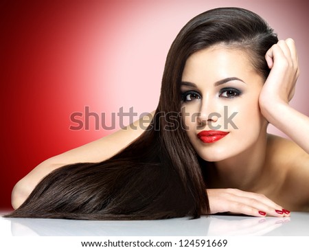 Beautiful Woman With Long Brown Straight Hairs - Isolated On White Background