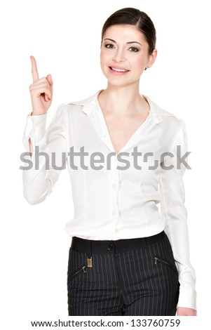 Young happy woman with good idea sign  in white shirt -  isolated on white background. Full portrait