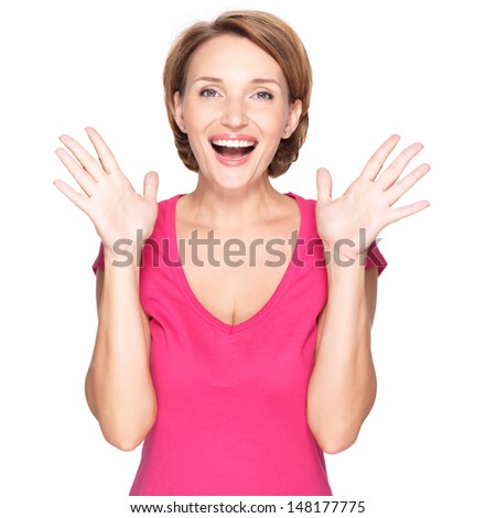 Beautiful Happy Surprised Woman With Positive Emotions - Isolated On White Background