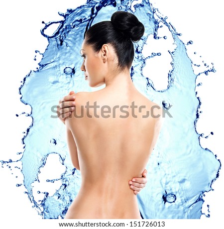 Beautiful female back over water splash background. Back view portrait