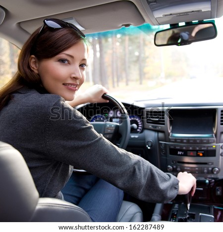 Portrait of beautiful young woman in the new car  - outdoors