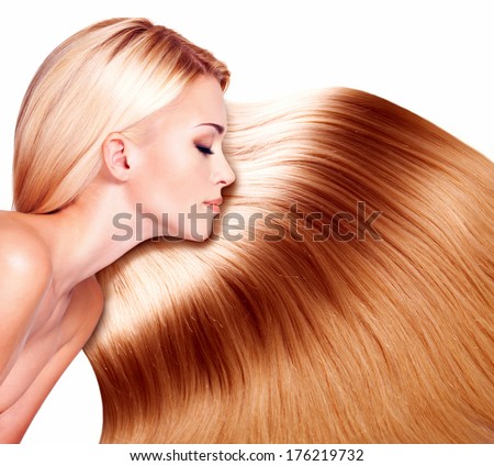 Beautiful woman with long hair over white background