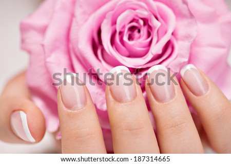 Beautiful woman\'s nails with beautiful french manicure  and pink rose