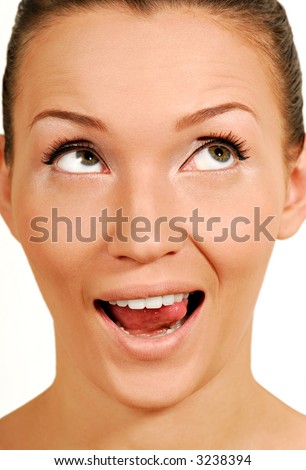 stock photo Fun girl Facial gesture Roll up one's eyes Close