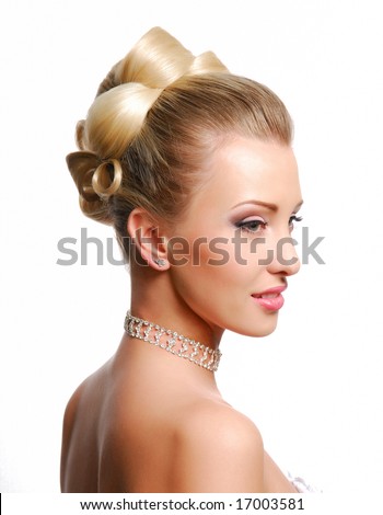 stock photo Beautiful modern wedding hairstyle on white background