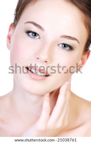 stock photo Closeup attractive female teen face with good complexion