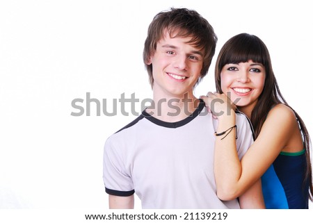 stock photo Portrait of two cute teen couples isolated on white