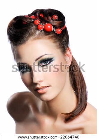 Portrait Of A Cute Young Woman With Creativity Hairstyle And Fashion MakeUp