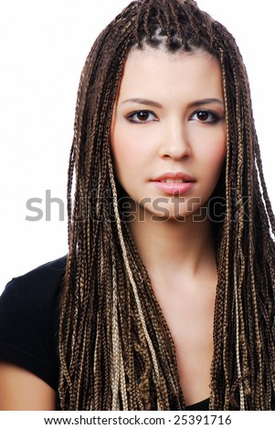 stock photo Portrait of young pretty woman with dreadlocks on white