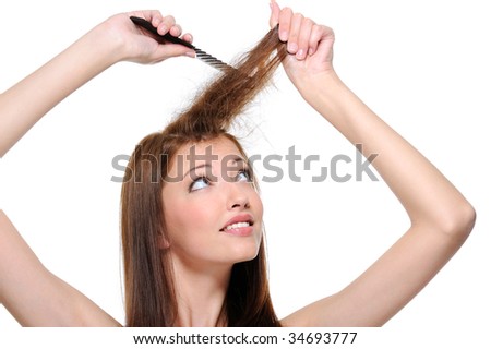 stock photo : backcombing long brunette female hair - isolated on white