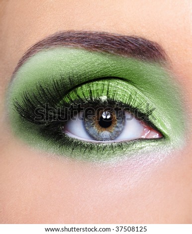 Green fashion make-up of woman eye - macro shot