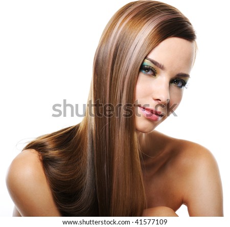 stock photo Portrait of pretty young smiling woman with straight long hair
