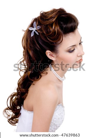 stock photo : Pretty woman with beautiful wedding hairstyle, long curly 