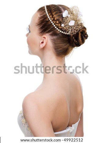 stock photo Beautiful wedding hairstyle from pigtails On white background