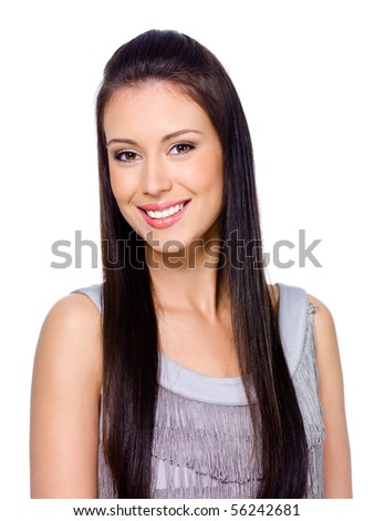 Beautiful Long Straight Hair on Beautiful Happy Smiling Young Woman With Dark Long Straight Hair