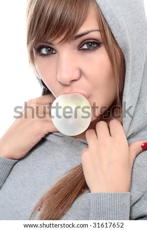 close-up portrait of young beautiful woman with bubble gum isolated on white