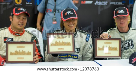 Podium finishers at the inaugural Formula Drift Singapore, an event held on 27 Apr 2008.