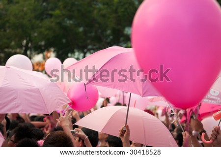 Pink balloons and pink umbrellas at the first ever public GLBT event, Pink Dot, held in Singapore on 16 May 2009, at Hong Lim Park.