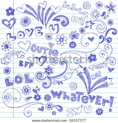 stock vector HandDrawn Lettering and Sketchy Doodles on Lined Notebook 
