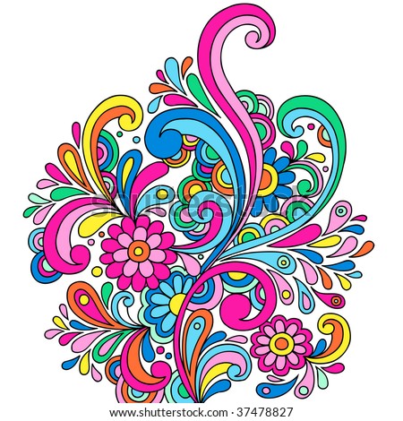 stock vector Psychedelic Abstract Paisley Doodle with Flowers and Swirls 