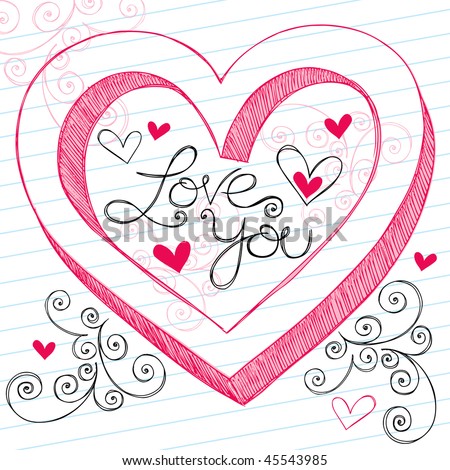 stock vector HandDrawn 3D Valentine's Day Heart and Love You Lettering