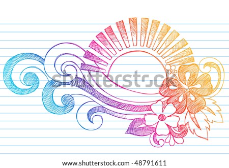 stock vector HandDrawn Summer Hibiscus Flower Waves and Tropical Sun