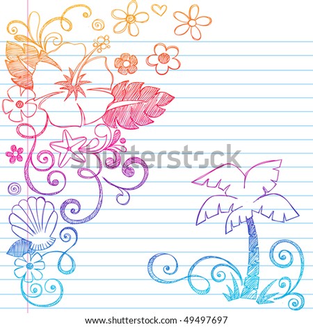 stock vector HandDrawn Tropical Hibiscus Flowers Shells 