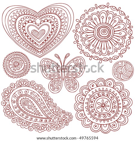 stock vector : Hand-Drawn Henna (mehndi) Heart, Flower, Butterfly, and Paisley Doodle Vector Illustration Design Elements
