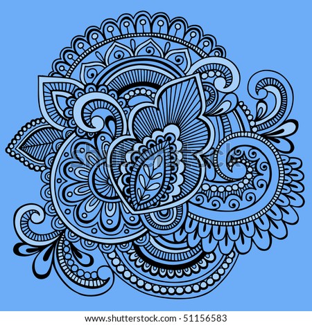 stock vector : Hand-Drawn Intricate Mehndi Henna Tattoo Paisley Doodle- Vector Illustration on Blue Background