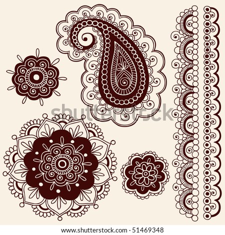 Henna Tattoos Flowers on Hand Drawn Abstract Henna Mehndi Flowers And Paisley Doodle Vector
