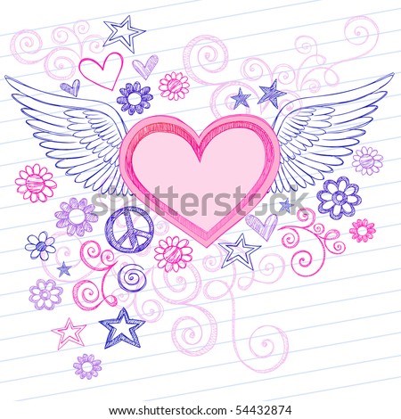 stock vector HandDrawn Sketchy Heart with Angel Wings Doodles with Stars