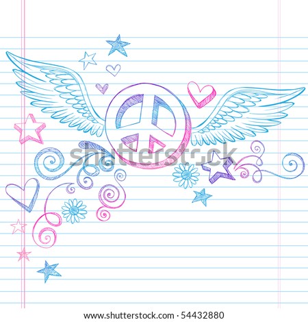 stock vector HandDrawn Sketchy Peace Sign Doodle with Angel Wings and 3D 