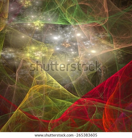 Artistic abstraction on the subject of art, spirituality, painting, music , visual effects and creative technologies composed of clouds of fractal foam and abstract lights