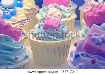 Beautiful cupcake in cabinet prepare to sell