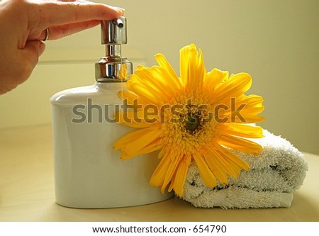 hand pushing soap dispenser with flower and hand towel