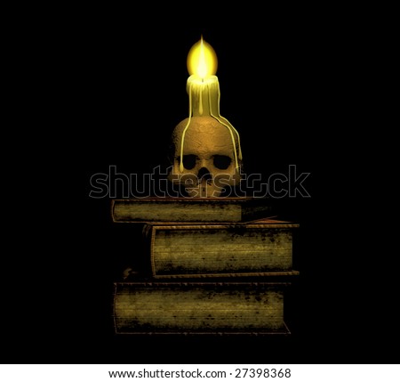 stack of books with a skull and a candle with wax dripping.
