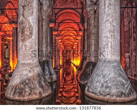 An HDR image of the dark, damp and gloomy basilica cistern situated under the turkish city of Istanbul.
