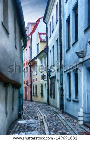 A digital painting of one of the many quaint little narrow streets in the old town region of Riga.