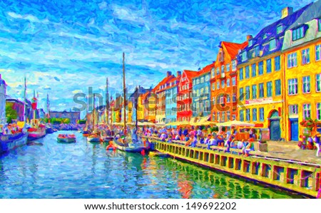 A digital painting of Nyhavn in Denmark which is a popular drinking and eating area for tourists in Copenhagen by the canalside.